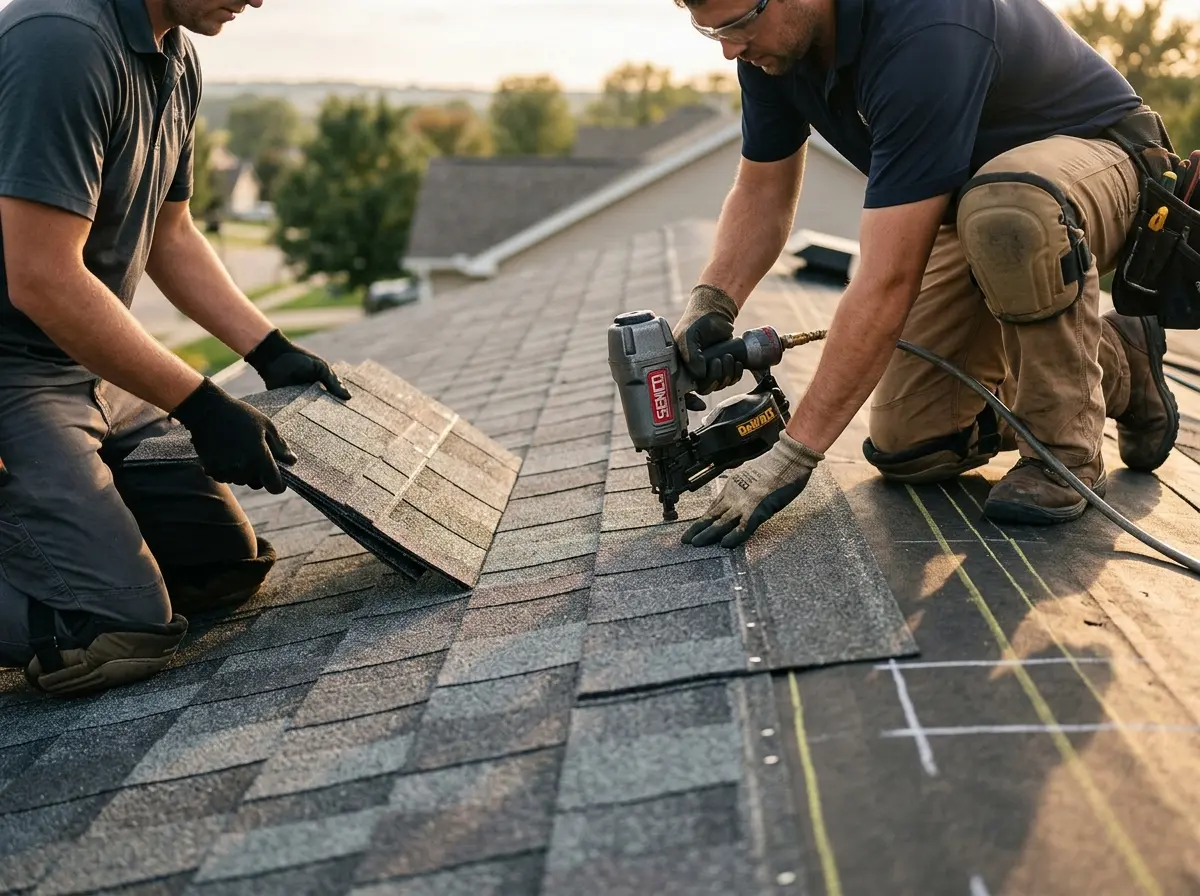 Professional roofer working on a residential roof in South Kingstown